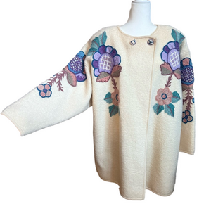 Vintage 80s S.S.G Catharine Lover Wool Floral Embroidered Car Coat Cloak Large